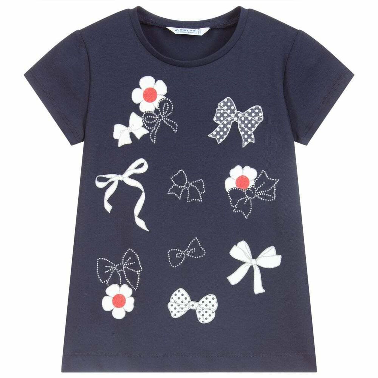 Girls Navy Bow T-Shirt, 3, hi-res