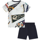 Baby Boys White & Navy Blue Logo Shorts Set, 2, hi-res