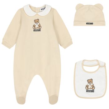 Beige & White Teddy Bear Logo Babygrow Gift Set
