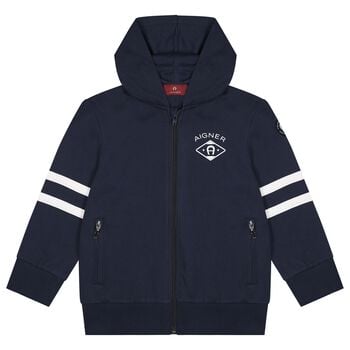 Boys Navy Blue Logo Hooded Zip Up Top