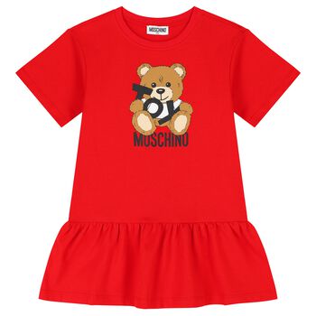Girls Red Teddy Bear Logo Dress
