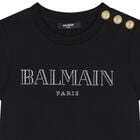 تيشيرت بناتي مرصع بشعار من أحجار الراين اللون الأسود , 1, hi-res