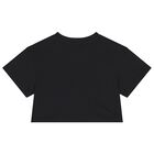 تي شيرت بناتي أسود بشعار زهرة, 1, hi-res