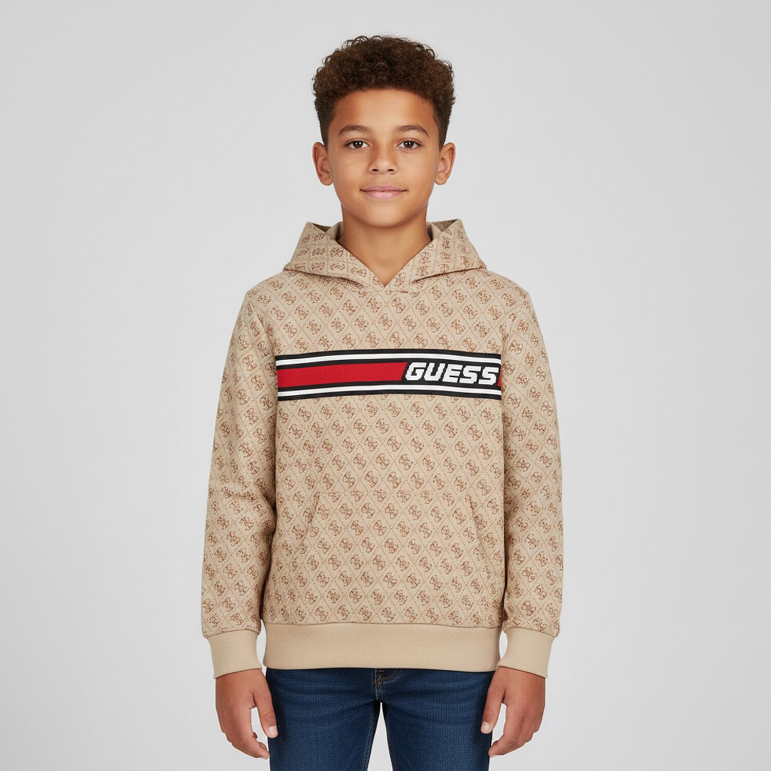 Boys Beige Logo Hooded Top, 1, hi-res