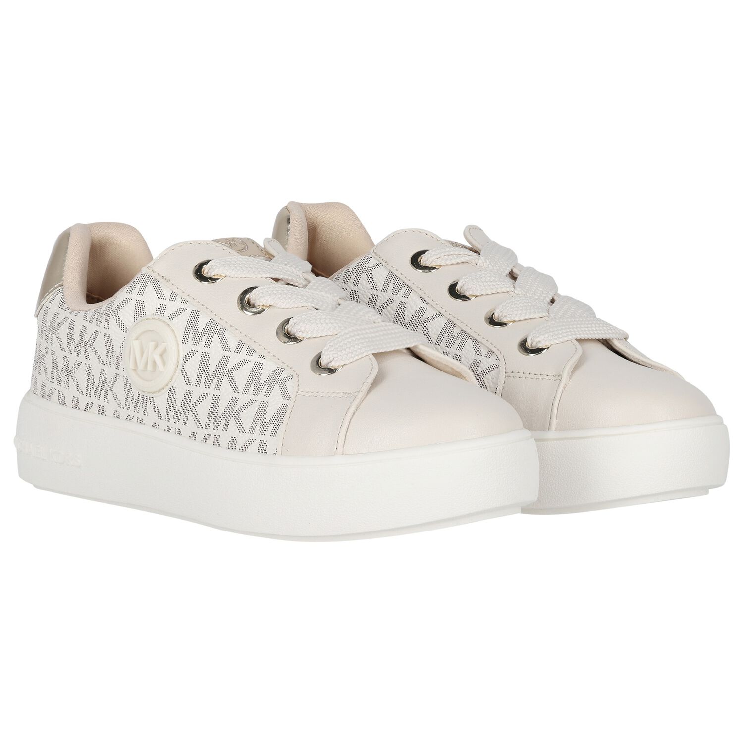 Girls Ivory & Gold Logo Trainers, 1, hi-res