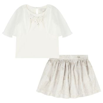 Girls Ivory & Beige Floral Skirt Set