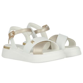 Girls White & Gold Logo Sandals