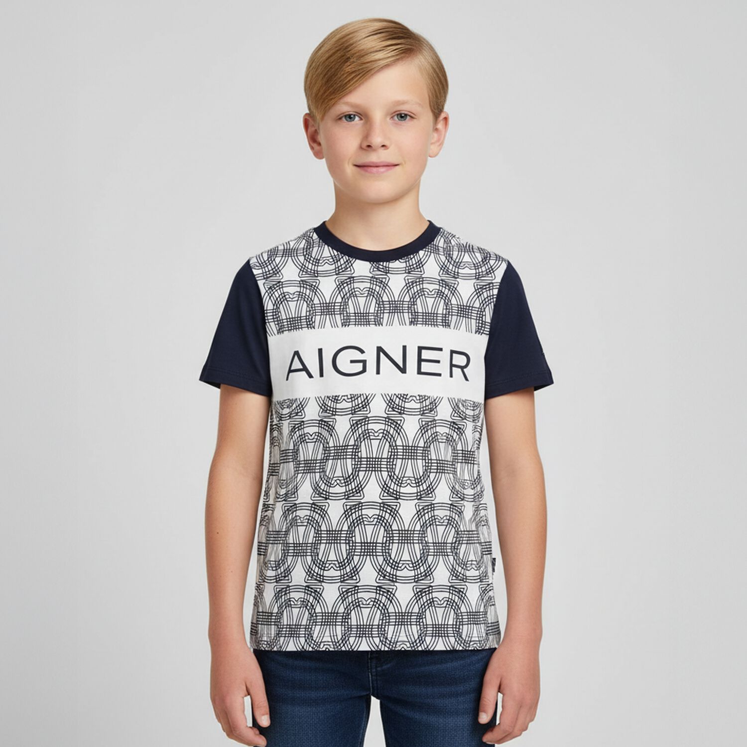 تي شيرت باللون  أبيض وأزرق داكن بشعار للأولاد, 1, hi-res