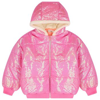 جاكيت منفوخ هودي  مزين بالترتر   باللون الوردي للفتيات