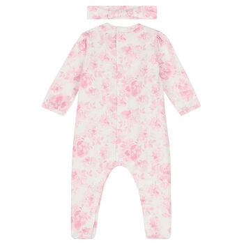 Baby Girls White & Pink Floral Babygrow Set