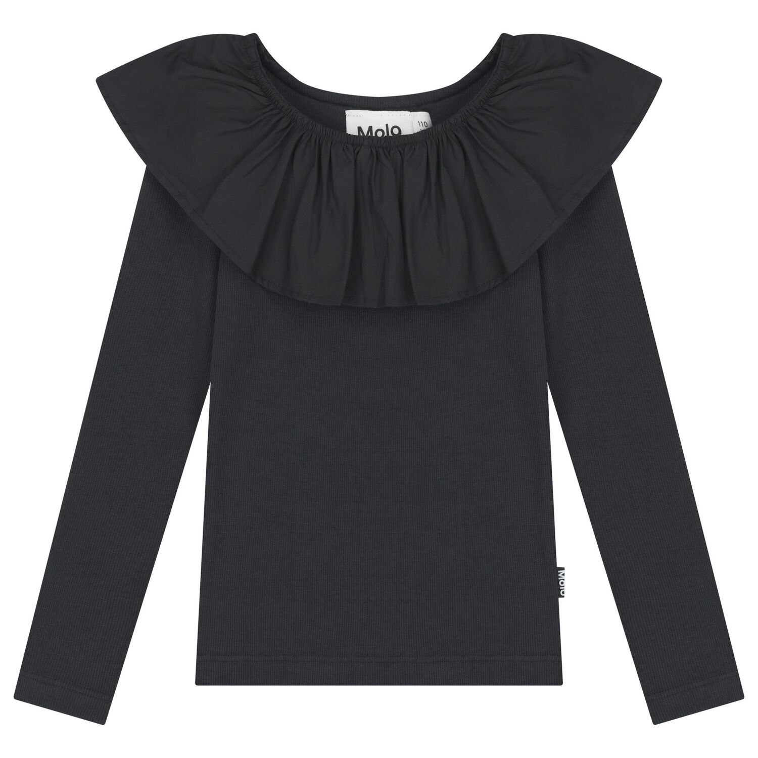 Girls Black Ruffle Long Sleeve Top, 2, hi-res
