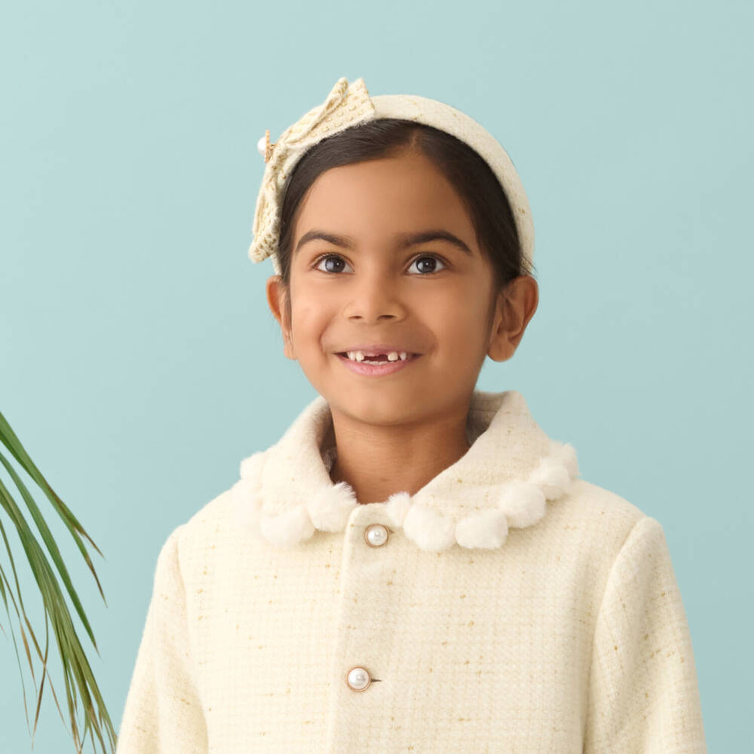 Girls Ivory & Gold Tweed Headband, 1, hi-res