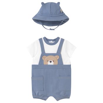 Baby Boys Blue & White Bear Romper & Hat Set