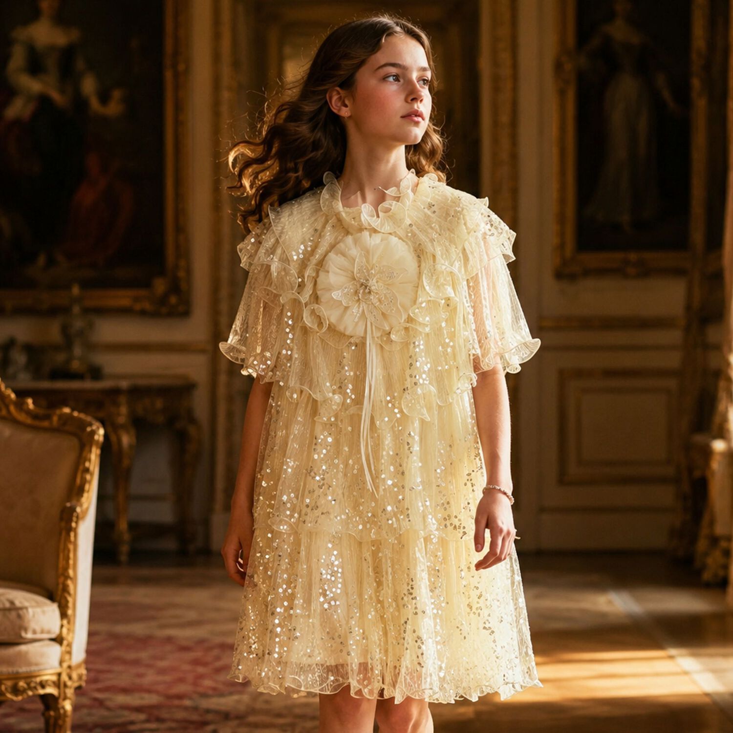 Girls Ivory Sequin Dress, 1, hi-res