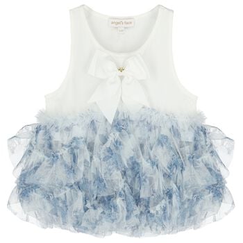 Girls White & Blue Floral Tulle Top
