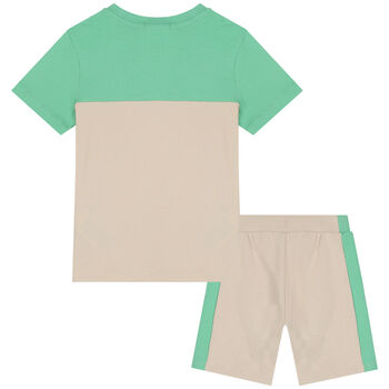 Boys Beige & Green Logo Shorts Set