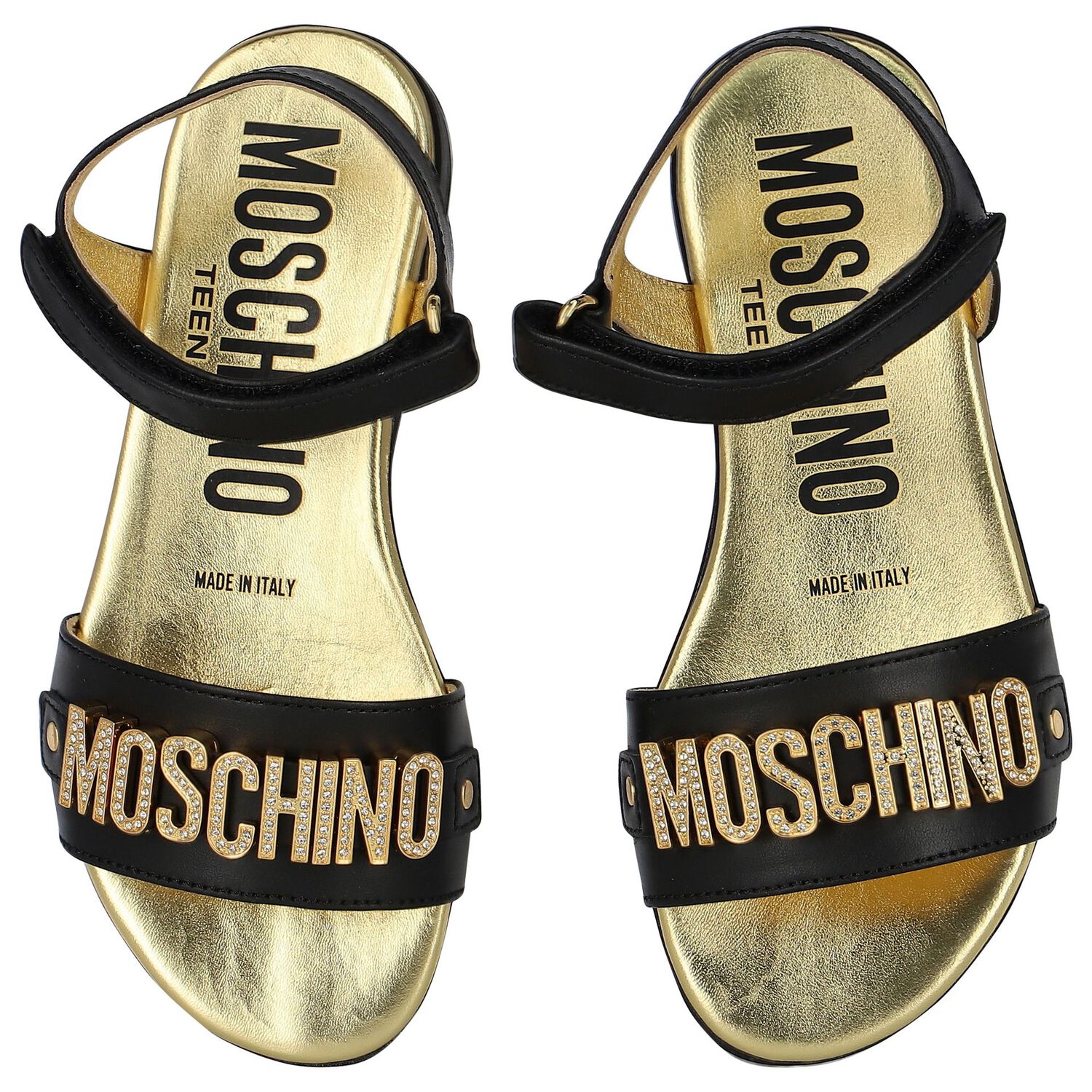 Girls Black & Gold Leather Logo Sandals, 1, hi-res