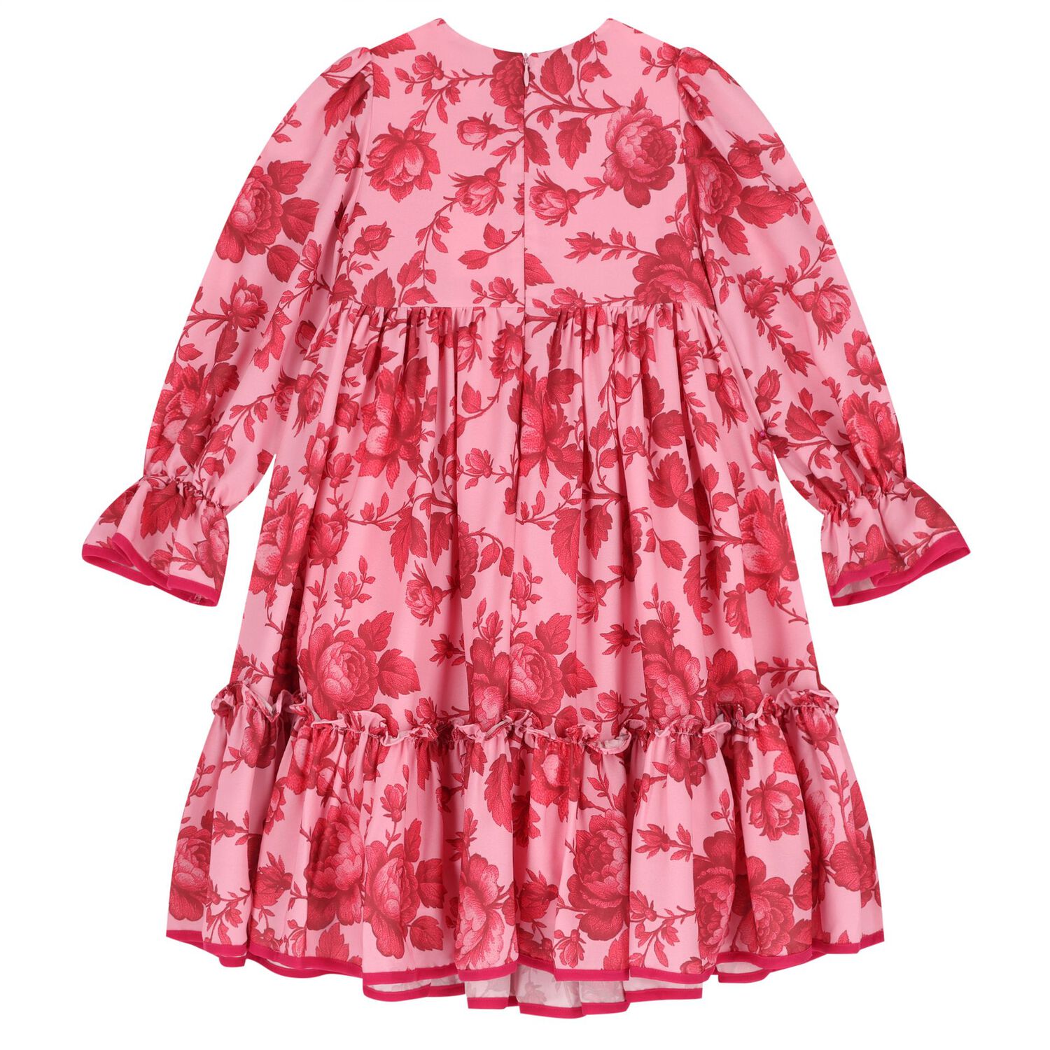 Girls Pink & Red Floral Chiffon Dress, 1, hi-res