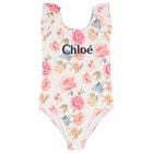Girls White Floral Logo Swimsuit, 1, hi-res
