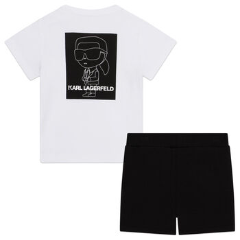 Younger Boys White & Black Logo Shorts Set