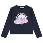 Girls Navy Blue Car Logo Sleeve Top, 1, hi-res