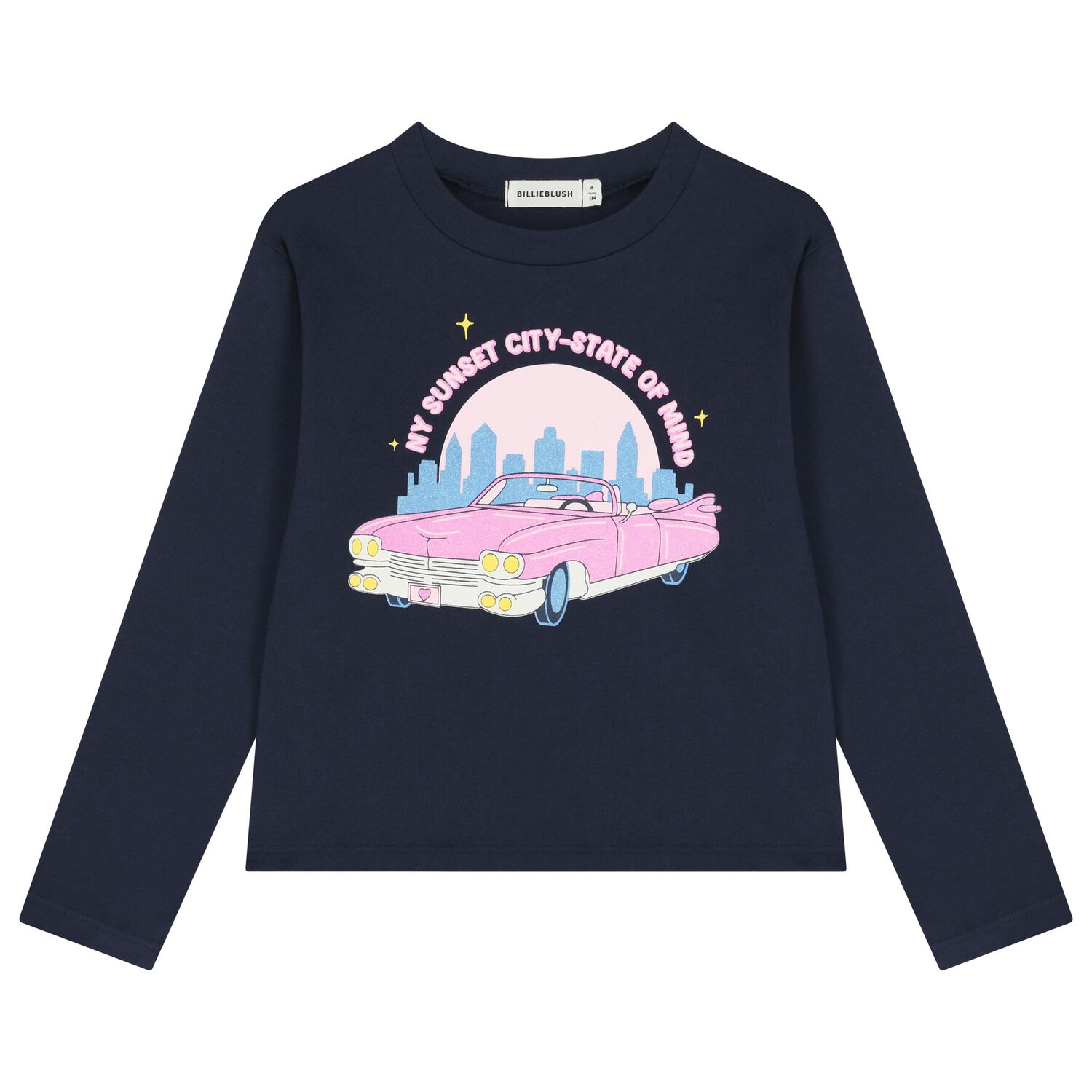 Girls Navy Blue Car Logo Sleeve Top, 1, hi-res