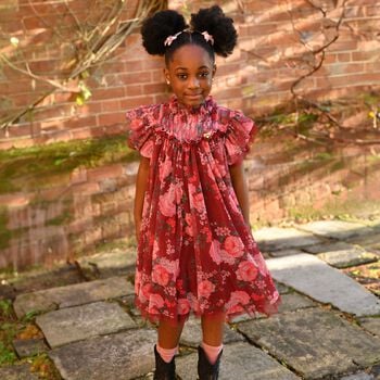 Girls Red Floral Ruffled Tulle Hettie Dress