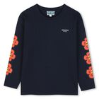 Girls Navy Blue Boke Flower Long Sleeve Top, 1, hi-res