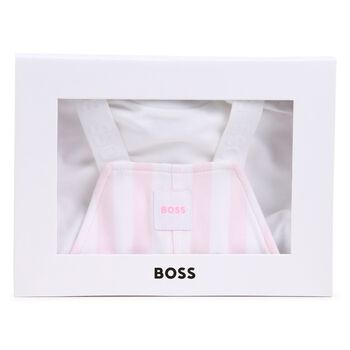 Baby Girls White & Pink Striped Logo Dungaree Set