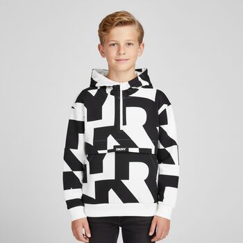 White & Black Logo Hooded Top