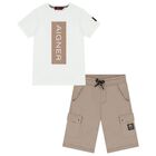 Boys White & Beige Logo Shorts Set, 1, hi-res