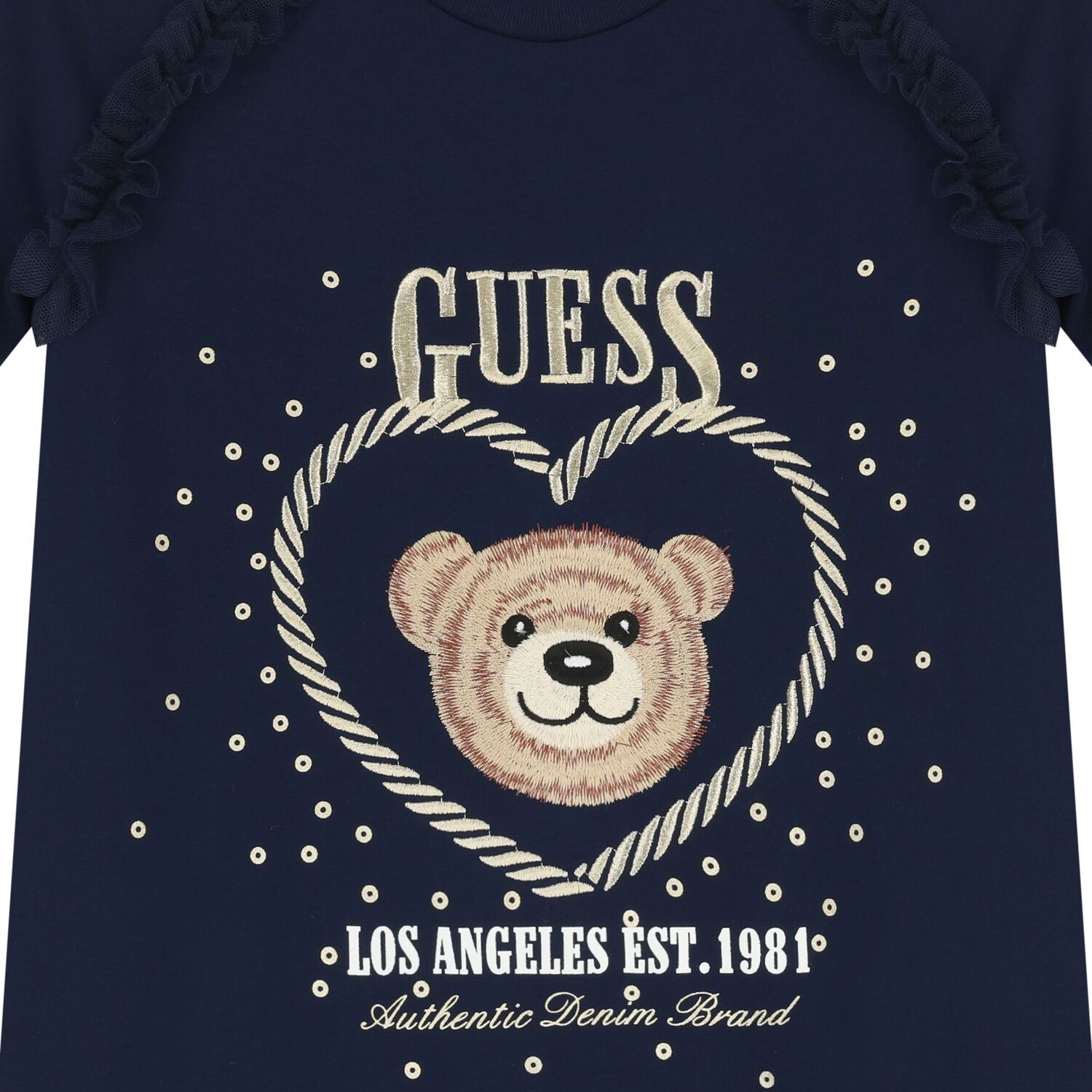 Girls Navy Blue Teddy Bear Logo Dress, 1, hi-res
