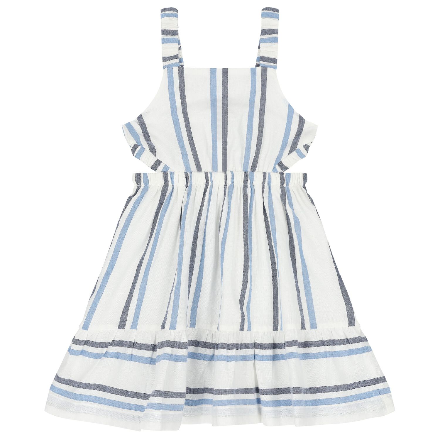 Girls White & Blue Stripe Dress, 1, hi-res