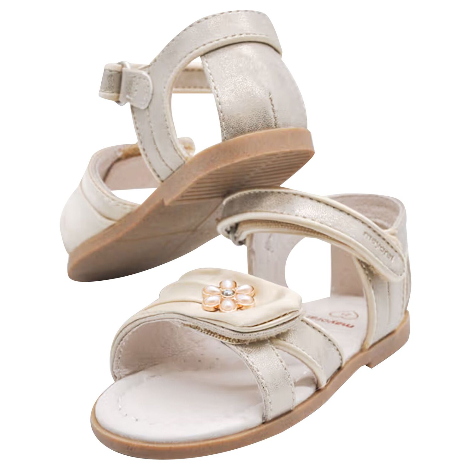 Younger Girls Gold Floral Pearl Sandals, 1, hi-res
