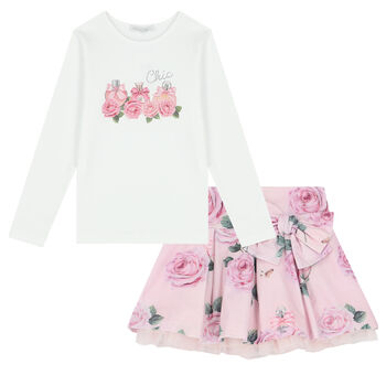 Girls Ivory & Pink Rose Print Skirt Set