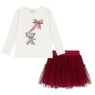 Girls White & Red Teddy Bear Skirt Set, 1, hi-res