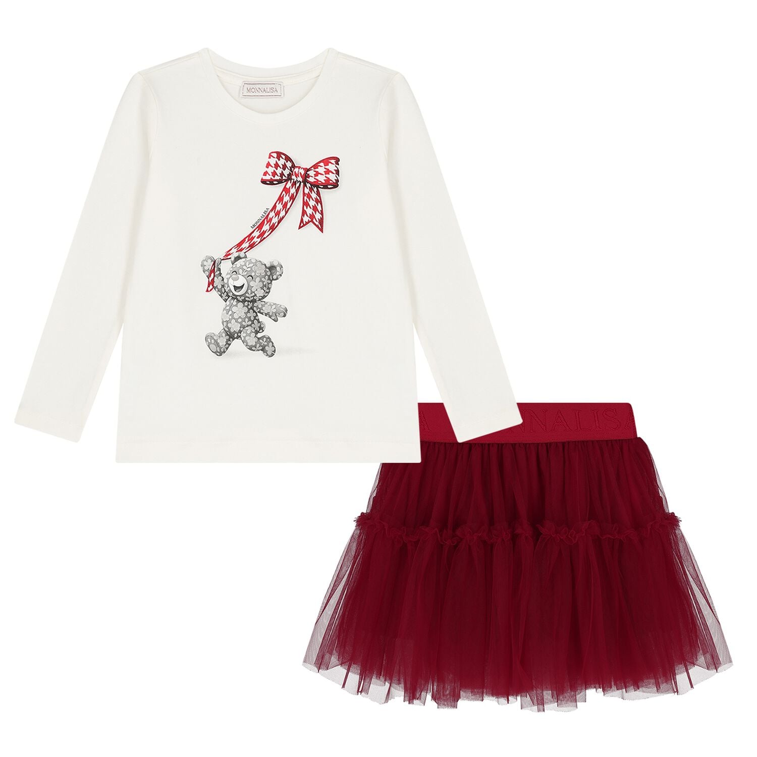 Girls White & Red Teddy Bear Skirt Set, 1, hi-res