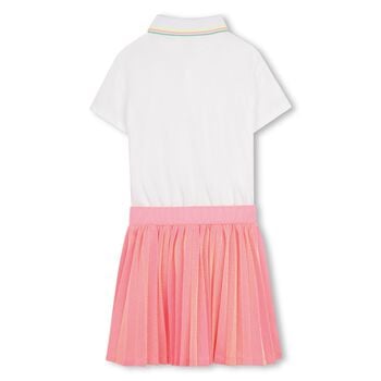 Girls White & Neon Pink Pleated Dress