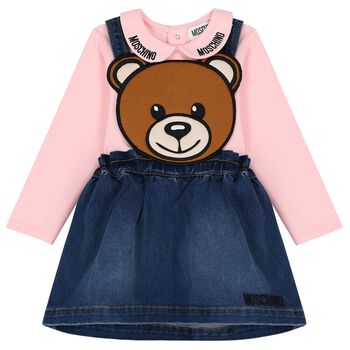 Younger Girls Pink & Blue Denim Teddy Bear Skirt Set