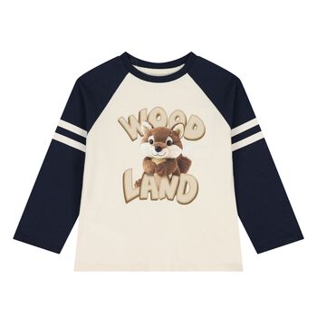 Younger Boys Ivory & Navy Blue Fox Long Sleeve Top