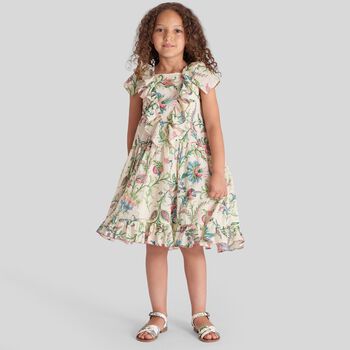 Girls Beige & Green Ruffled Floral Dress