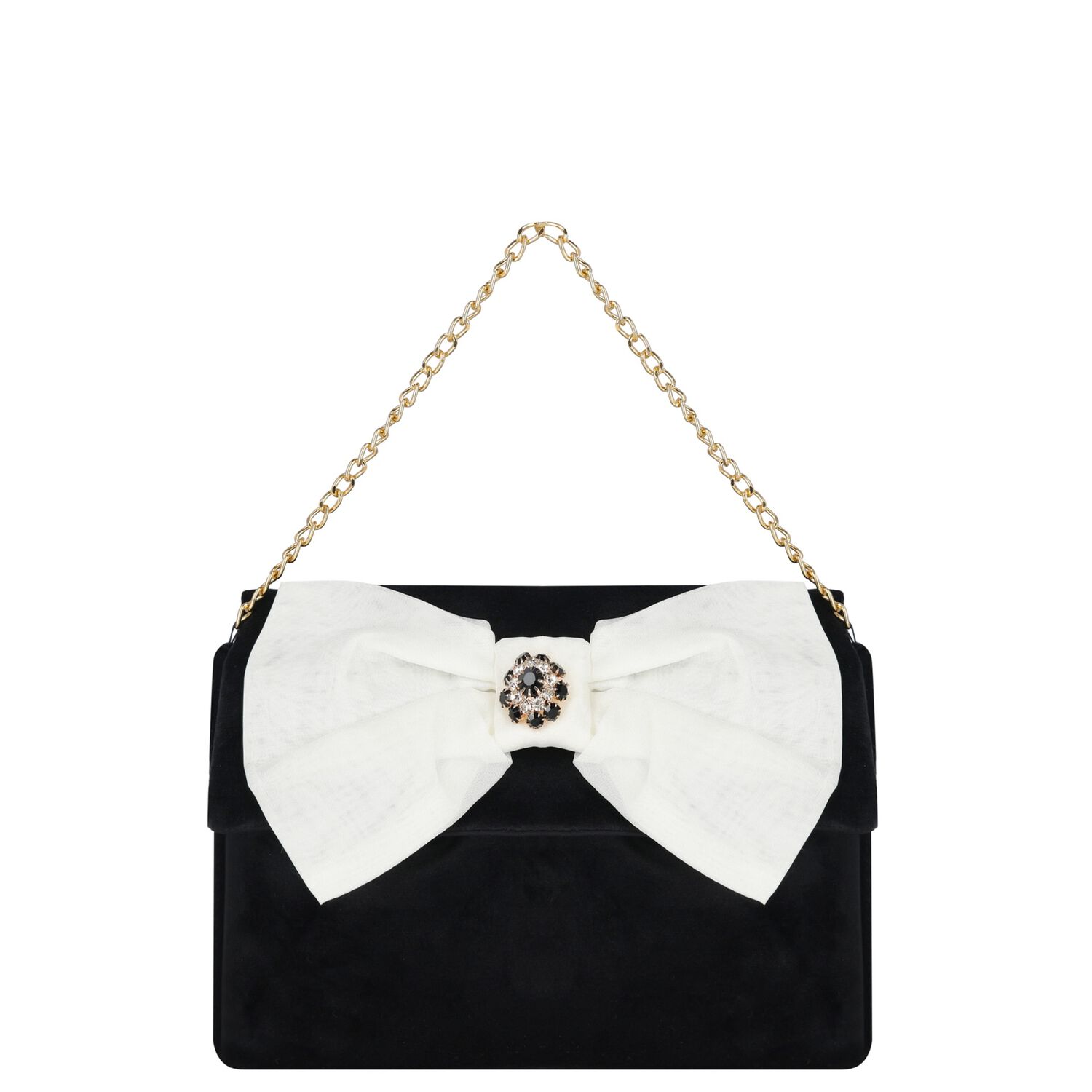 Girls Black & Ivory Bow Velvet Handbag ( 22CM ) , 1, hi-res