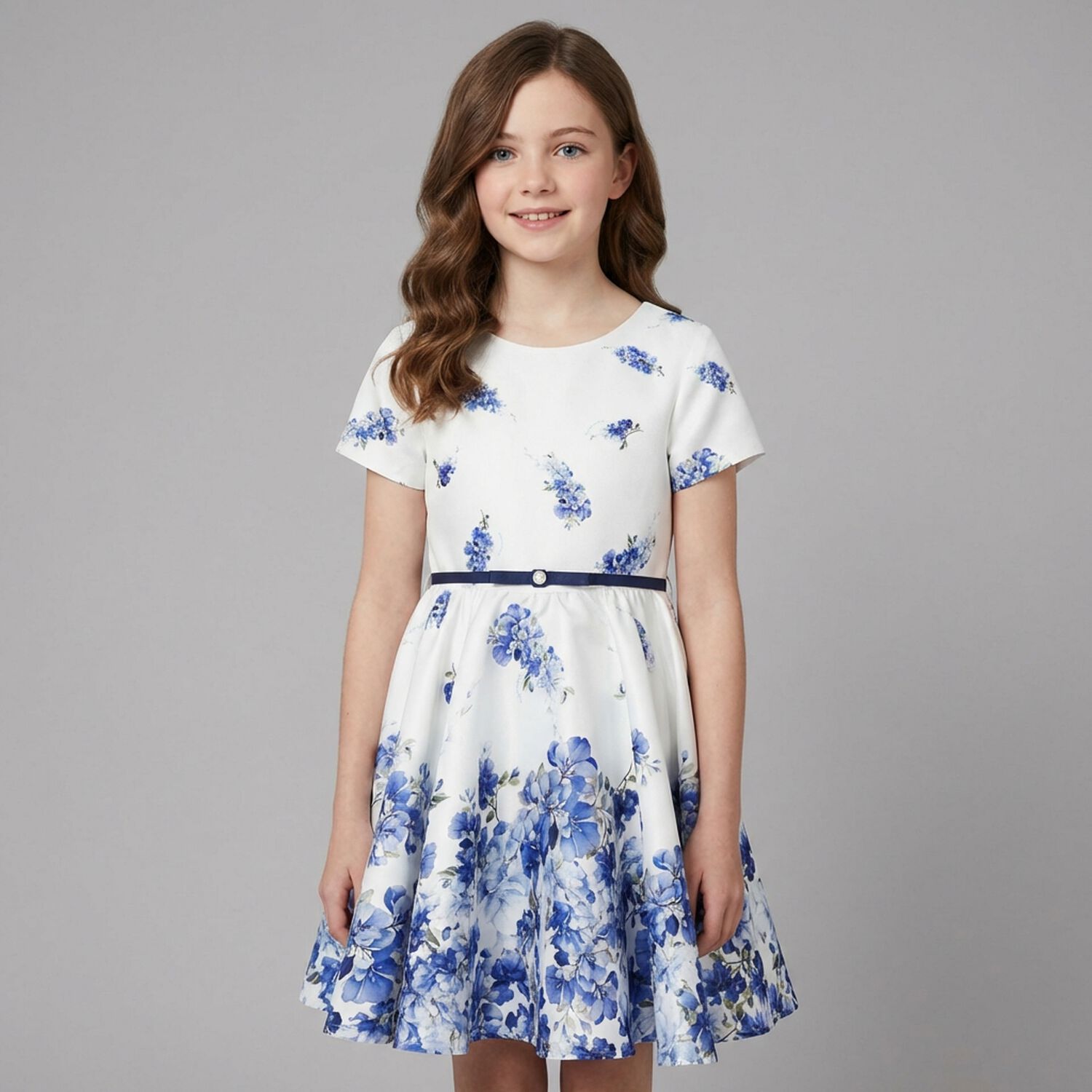 Girls White Floral Satin Dress, 2, hi-res