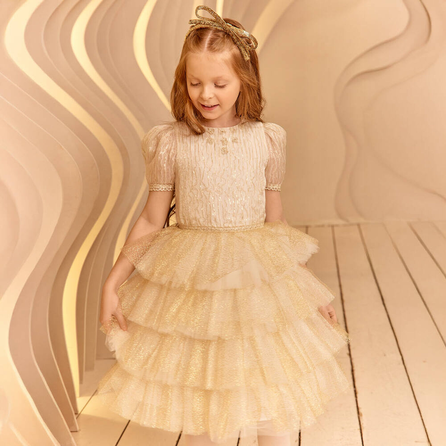 Girls Ivory & Gold Tiered Organza & Tulle Dress, 1, hi-res image number null