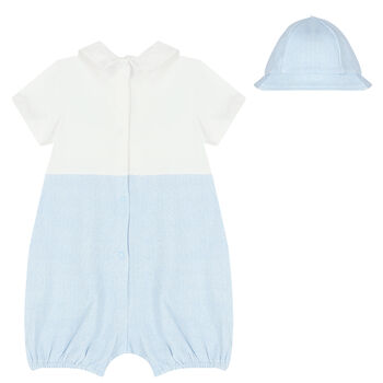 Baby Boys White & Blue Romper & Hat Set