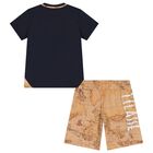 Boys Navy Blue & Beige Geo Map Shorts Set, 2, hi-res