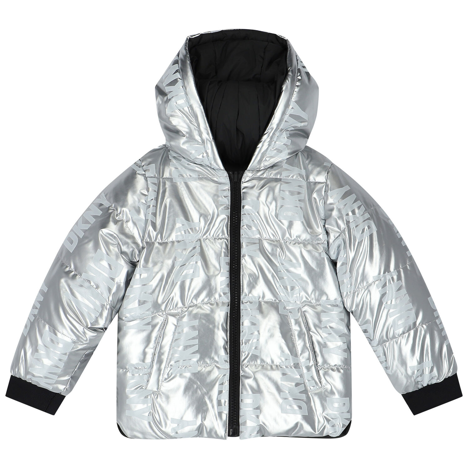 Girls Silver & Black Logo Reversible Puffer Jacket, 1, hi-res image number null