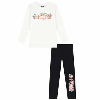 Girls Ivory & Black Logo Leggings Set