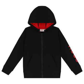 Boys Black Logo Hooded Zip Up Top