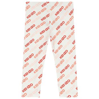 Younger Girls Ivory & Pink Logo Leggings